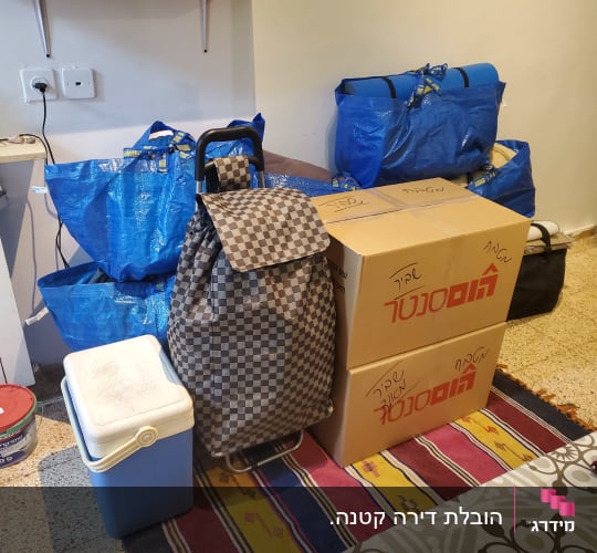 שקיות כחולות, קופסאות קרטון, תיק משובץ, צידנית